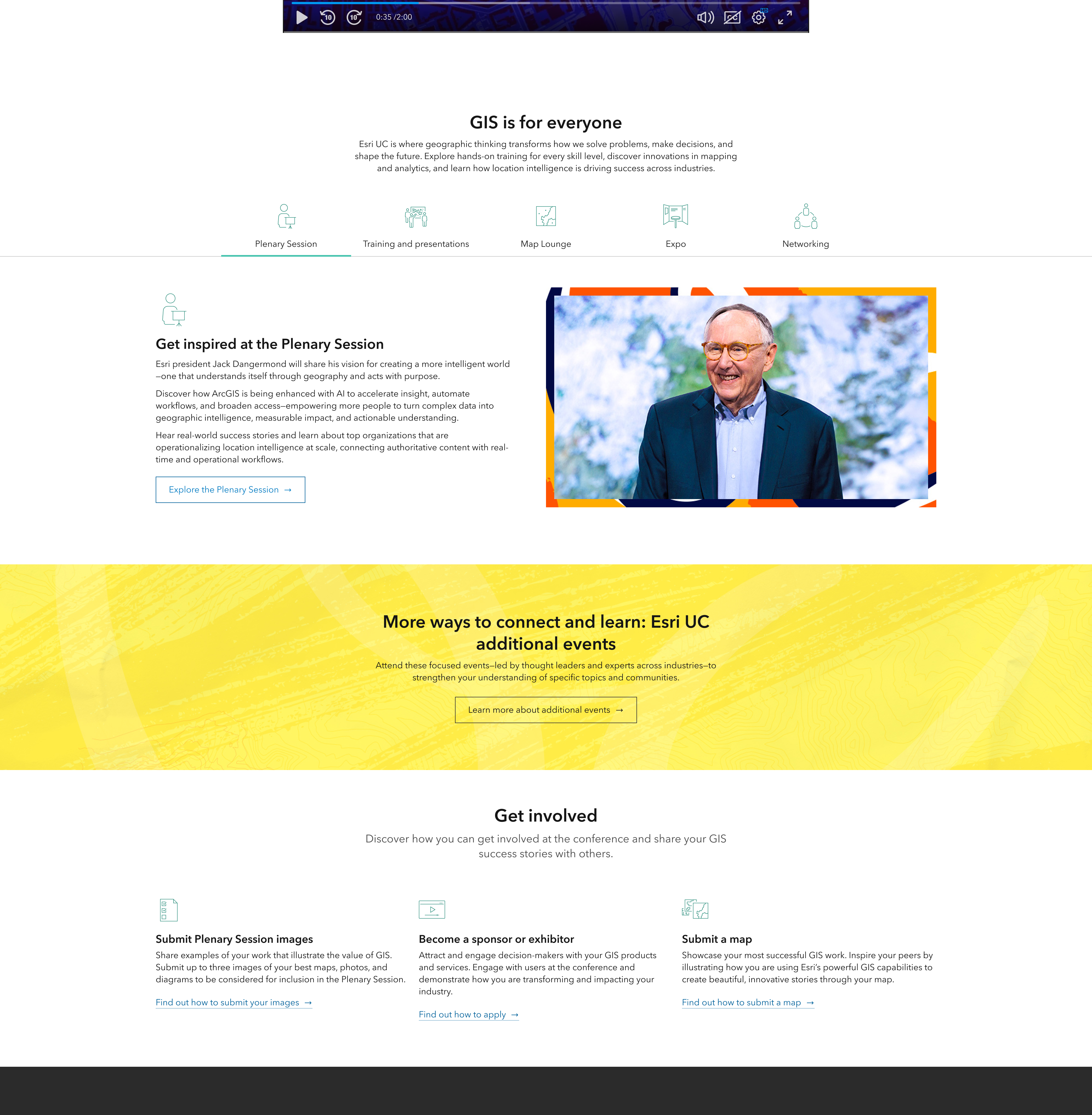 Esri User Conference Overview page featuring a Plenary Session video, tabbed navigation, a yellow promotional strip, and a Get Involved section